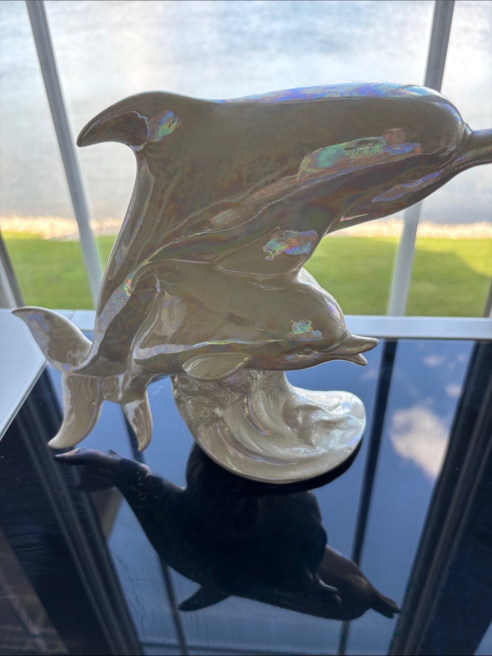 Vintage Iridescent White Dolphin Ceramic Sculpture - Home Art Accent